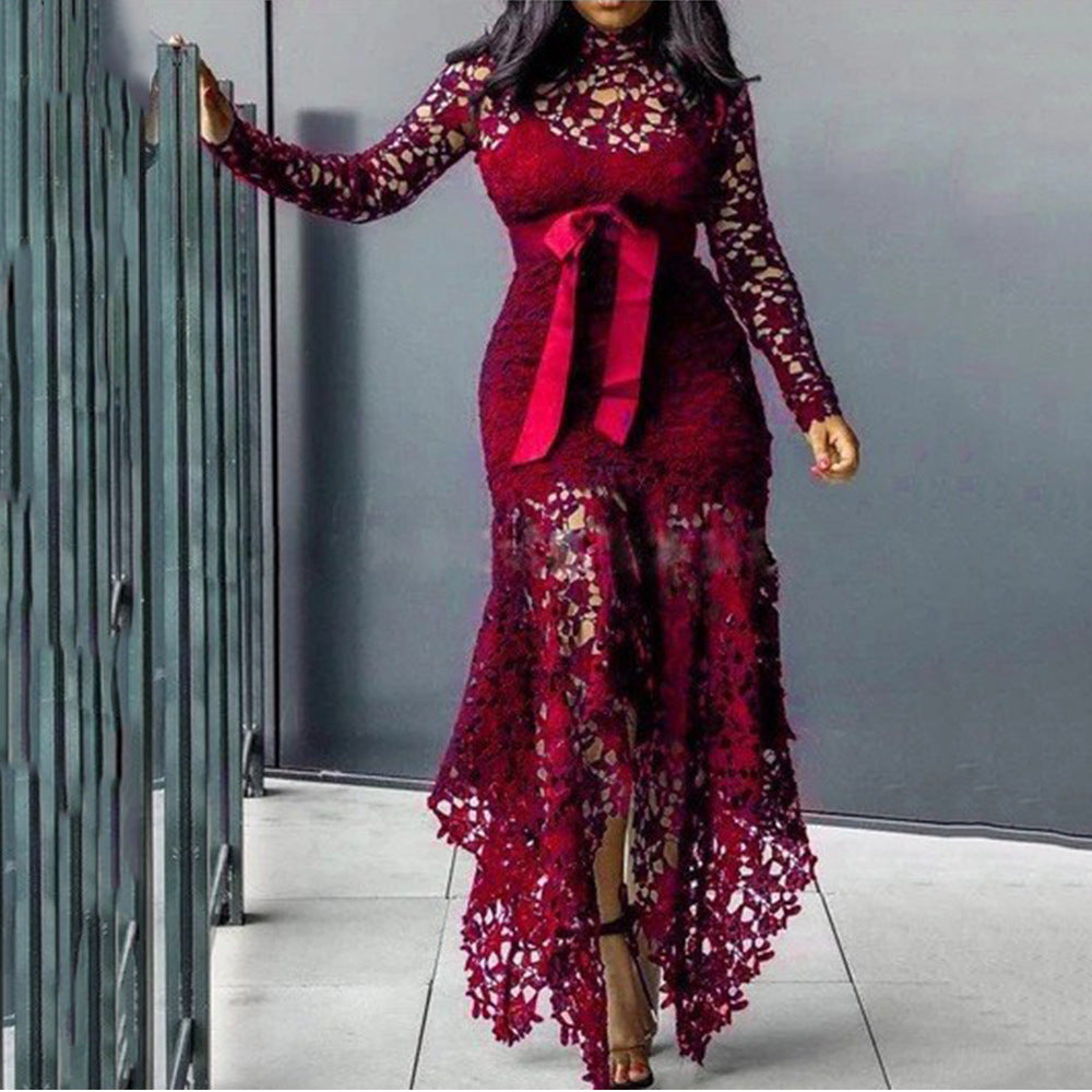 Women's Lace Hollow Out Long Sleeve Stand-up Collar Tie Dresses