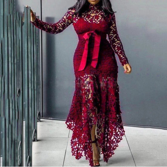 Women's Lace Hollow Out Long Sleeve Stand-up Collar Tie Dresses