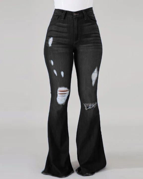 Beautiful High Elastic Ripped Waist Flared Jeans
