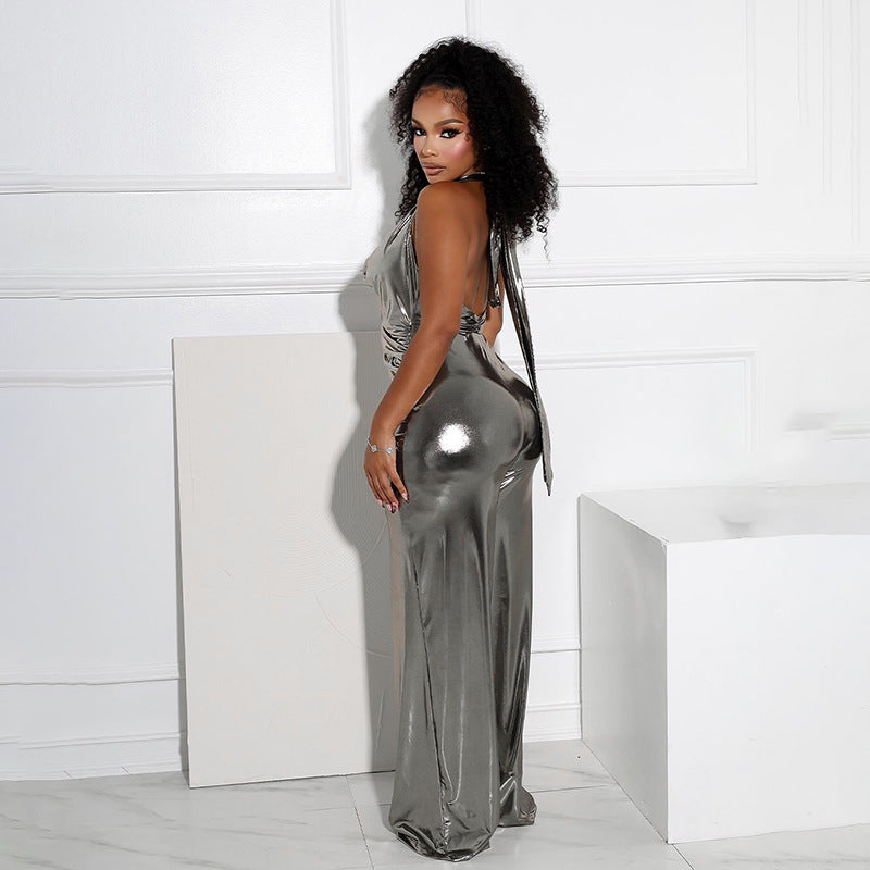 Women's Fashion Wear Sequined Halter Sleeveless Pleated Jumpsuits