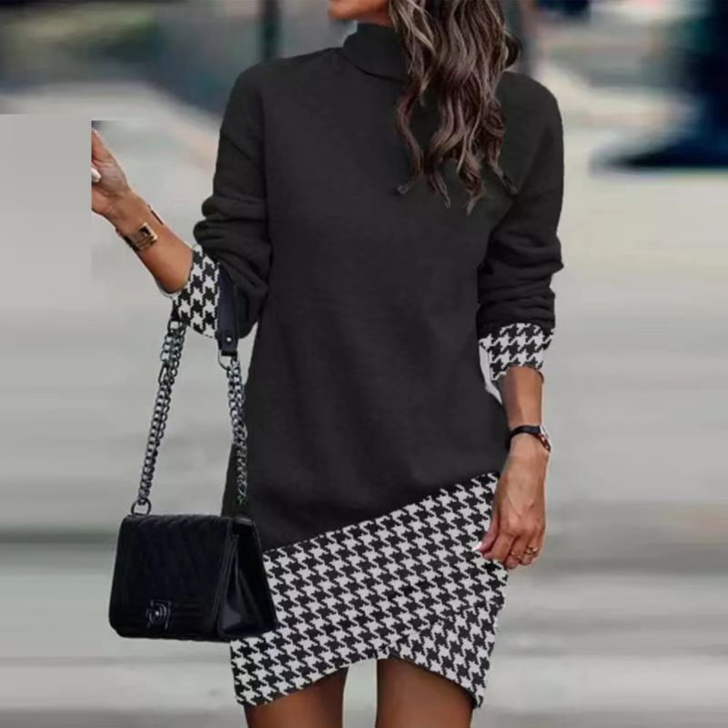 Women's Autumn Turtleneck Long Sleeve Printed Irregular Dress
