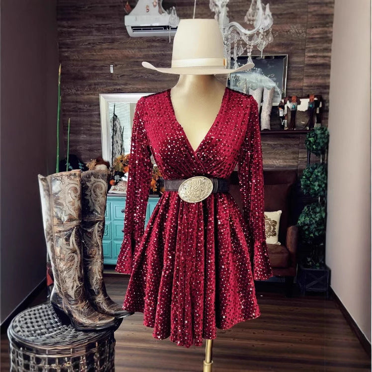 Women's Sequined Flared Sleeves Dress With Lining Dresses