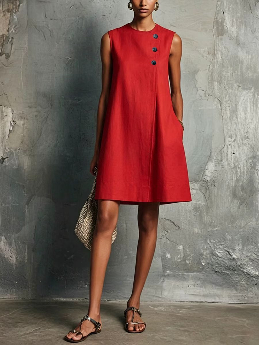Women's Blended Round Neck Asymmetric Button Side Dress