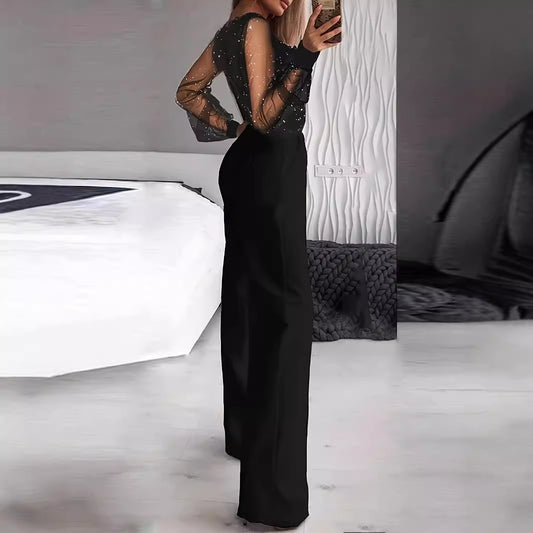 Women's Fashion Slim Solid Color Mesh Stitching Jumpsuits
