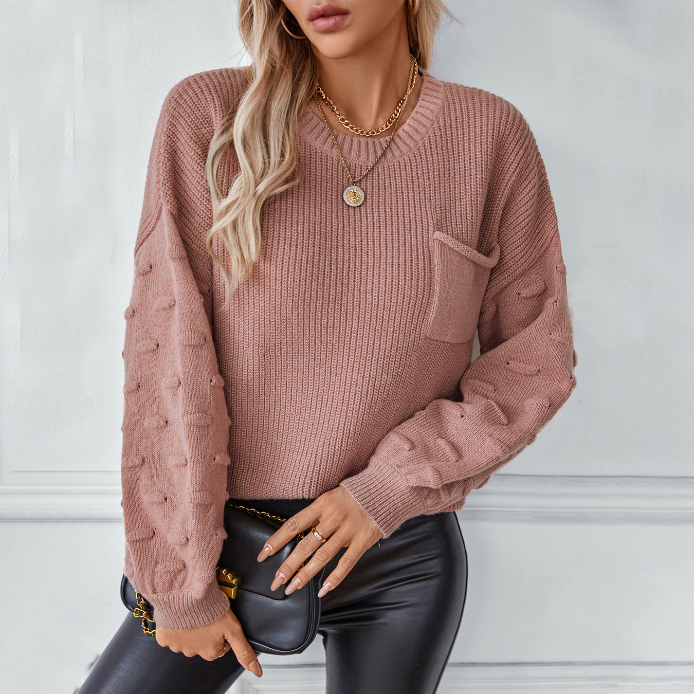 Women's Solid Color Pocket Pullover Knitted Fashion Sweaters