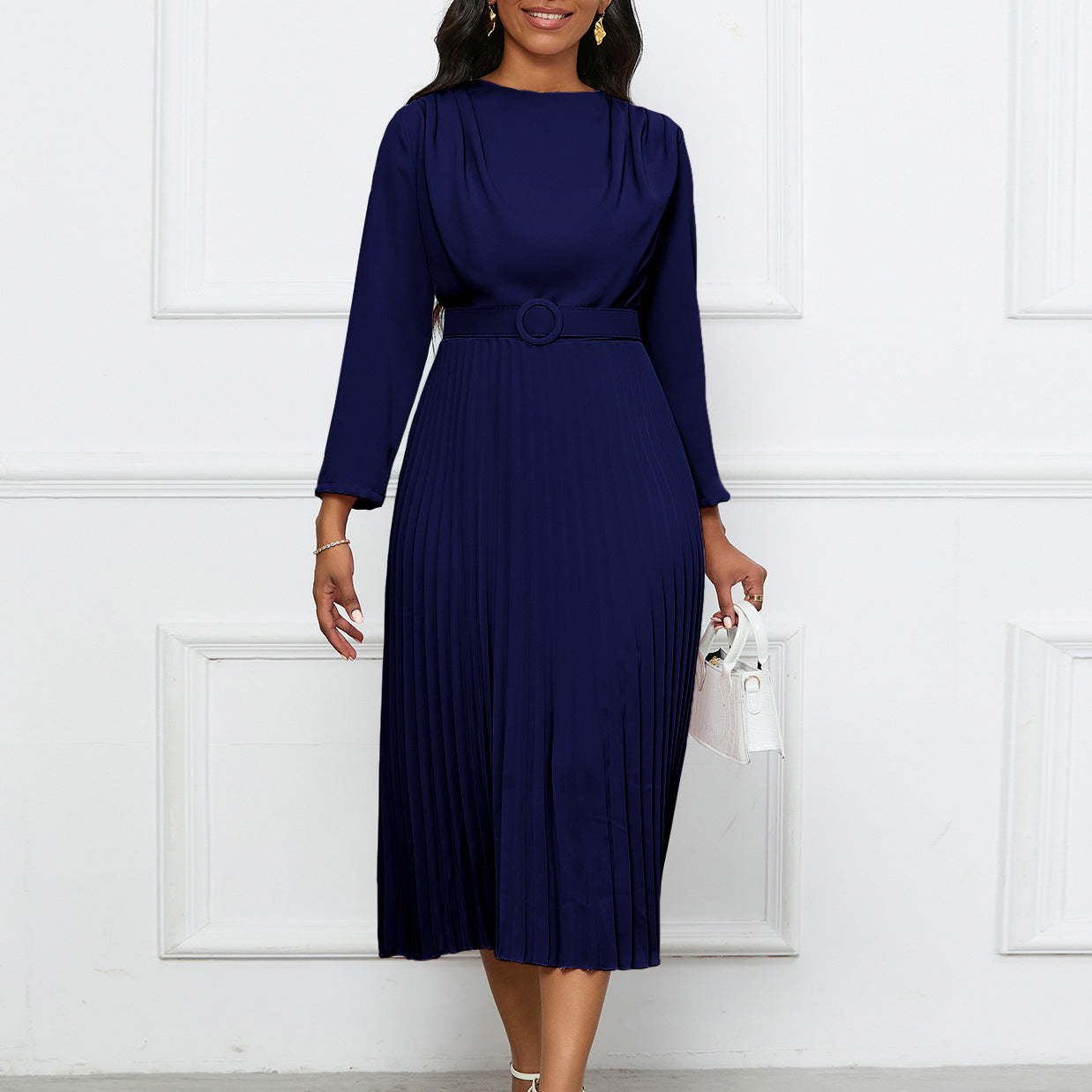 Women's Elegant Pleated Commuter Solid Color African Dress