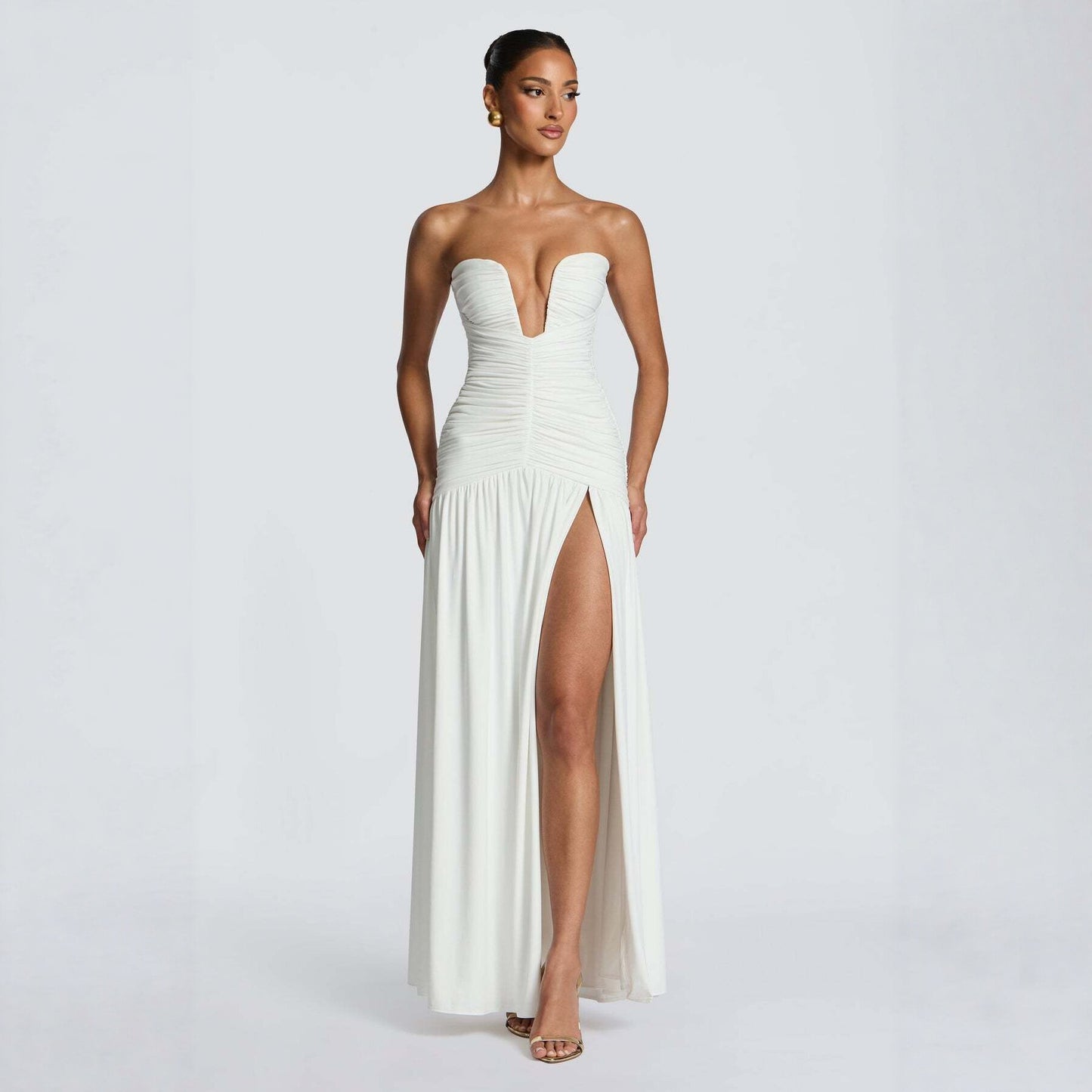 Women's Color Sexy Tube Pleated High Slit Tops
