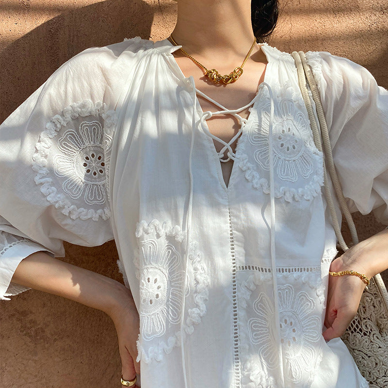 Women's White A- Line Texture French Style Vacation Dresses