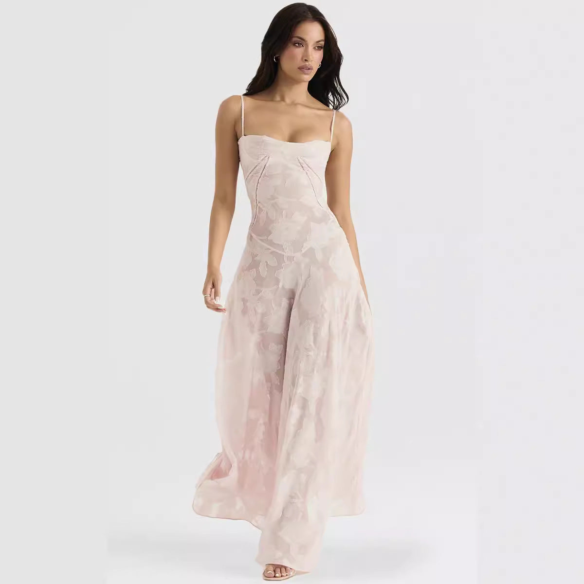 Women's Sling Backless Dress Chiffon Embroidered Square Evening Dresses