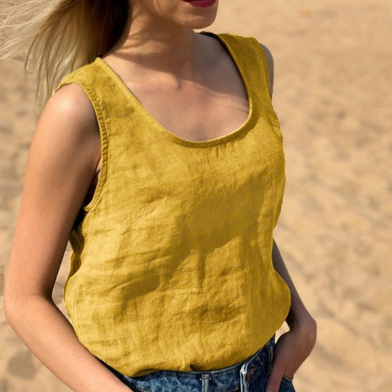 Women's Cotton Linen Summer Solid Color Round Tops
