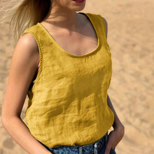 Women's Cotton Linen Summer Solid Color Round Tops