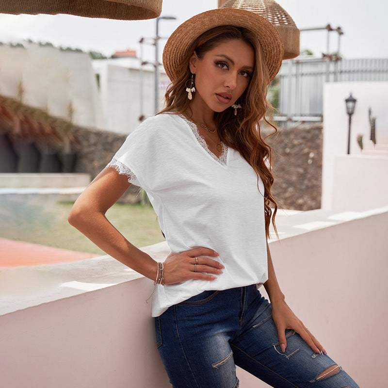 Women's T-shirt Sexy Lace Stitching Casual Short-sleeved Blouses