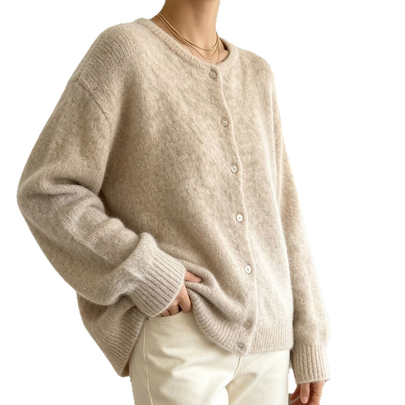 Women's Single-breasted Round Neck Soft Solid Color Furry Women's Sweater