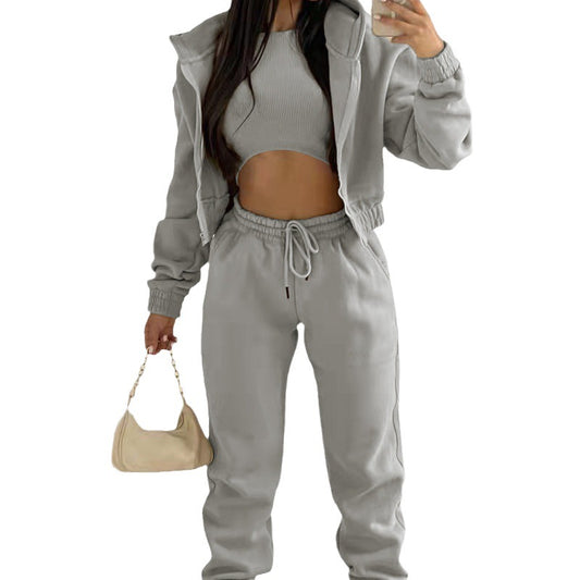 Women's Three-piece Trousers Fleece-lined Hooded Fashion Casual Suits