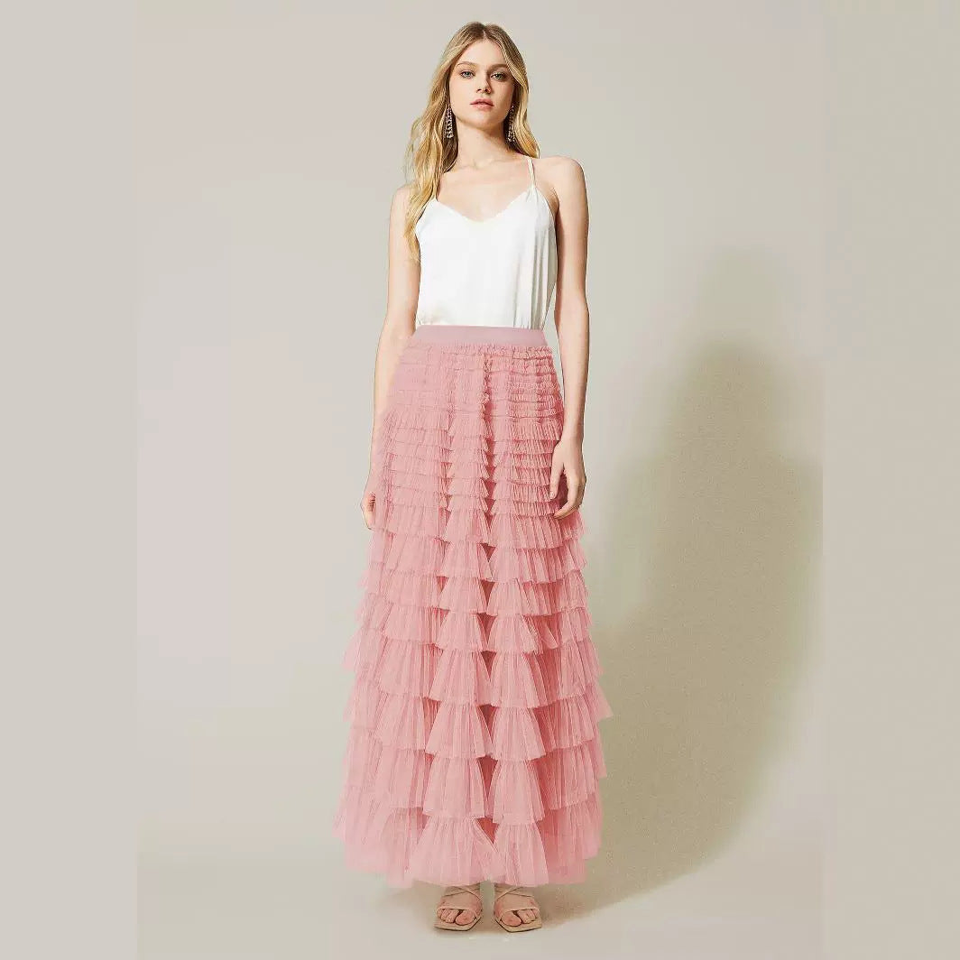 Women's Solid Color High Waist Mesh A- Line Skirts