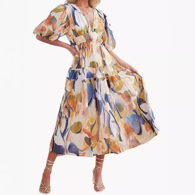 Women's Bohemian Floral Mid-length Dress Pleating Beach Dresses