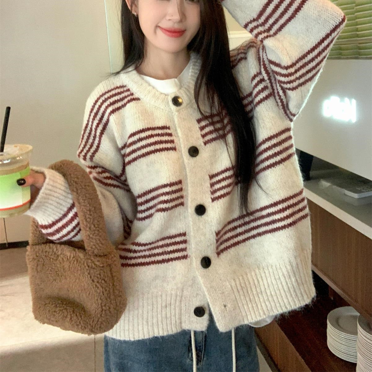 Women's Striped Contrast Color Long Sleeve Autumn Loose Slimming Women's Sweater