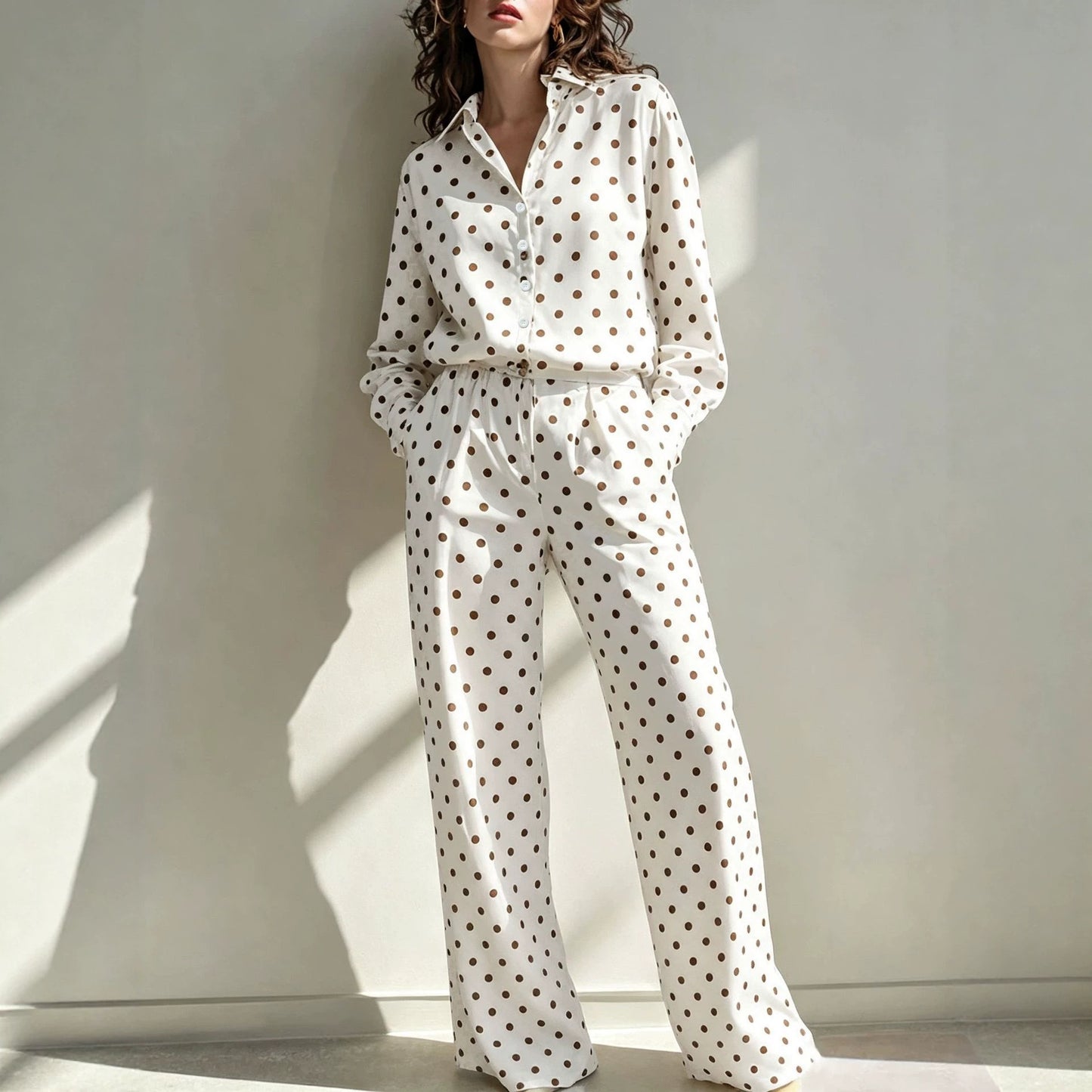 Sleeve Lapel Shirt Elastic Waist Wide Leg Two-piece Set Light Pants