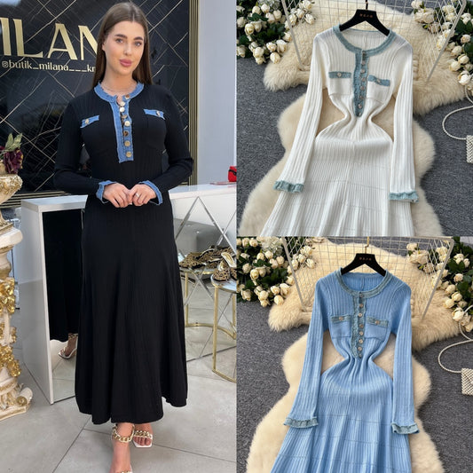 Stitching Denim Knitted Dress Simple Elegant Dresses