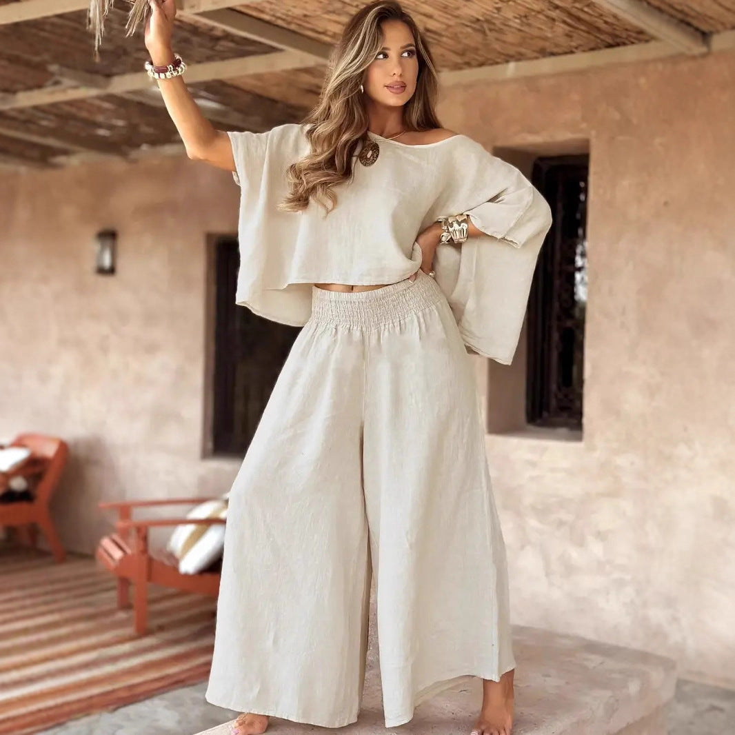 Women's Solid Color Elegant Two-piece Round Neck Wide Suits