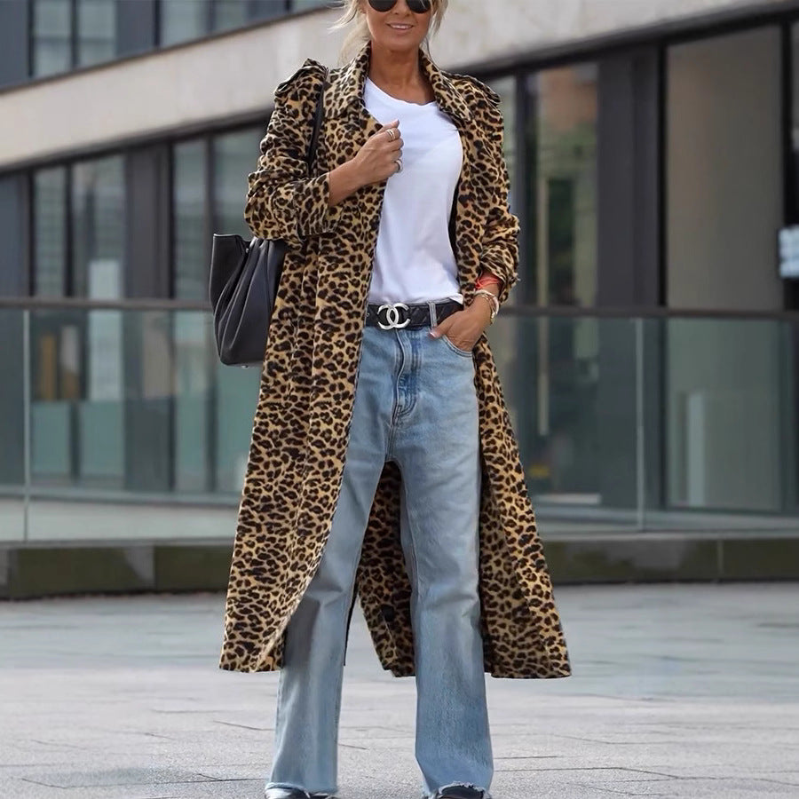 Women's Print Lapel Windbreaker Loose Casual Long Coats