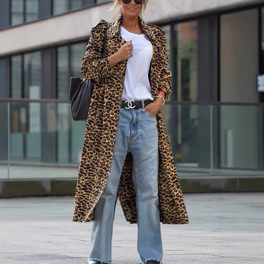Women's Print Lapel Windbreaker Loose Casual Long Coats