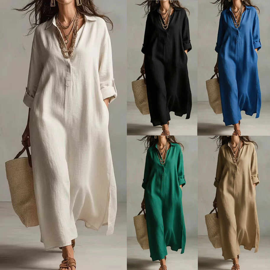 Solid Color Polo Collar Casual Long Sleeve Shirt Idle Dress