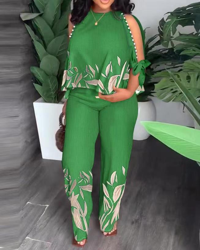 Women's Neck Bead Raglan Sleeve T-shirt Trousers Suits