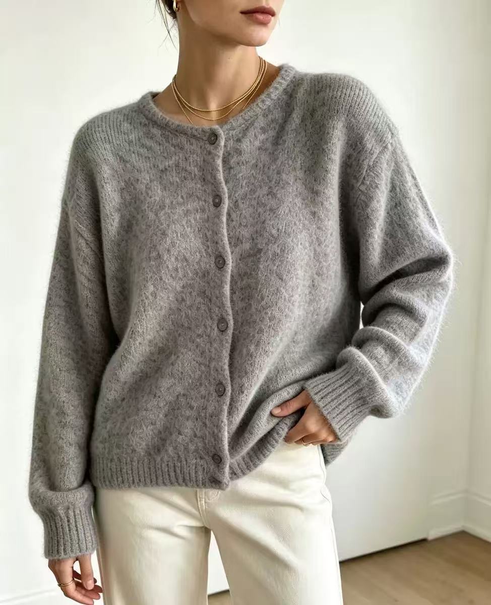 Women's Single-breasted Round Neck Soft Solid Color Furry Women's Sweater