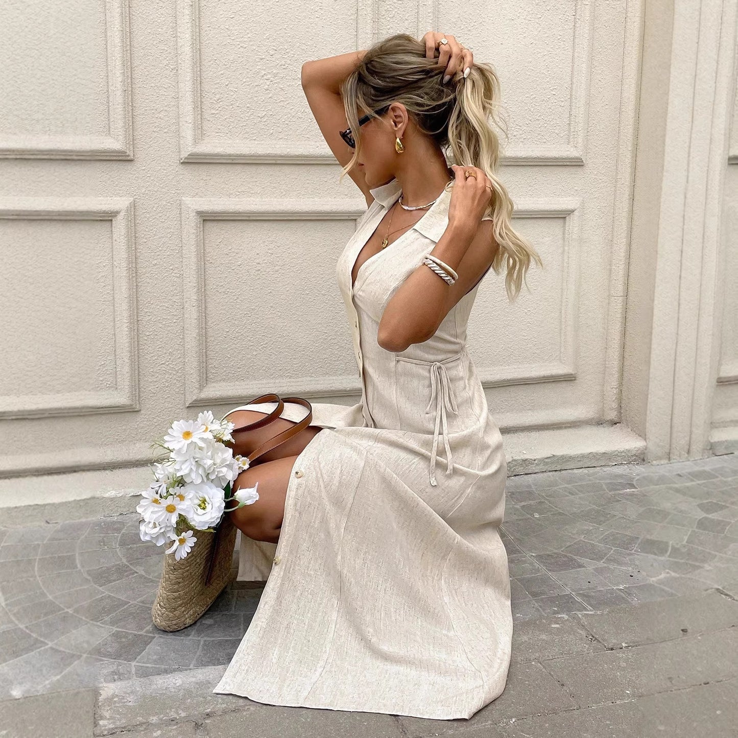 Women's Solid Color Casual Long Shirt Dress