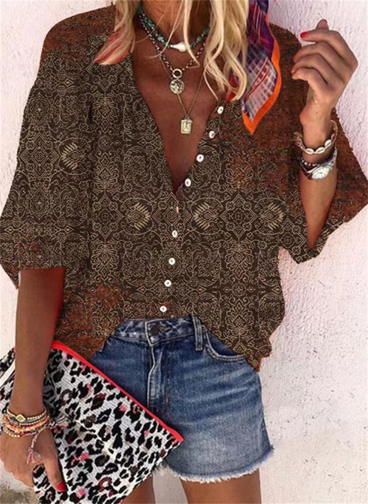 Women's Fashion Summer Stand Collar Loose Button Retro Blouses
