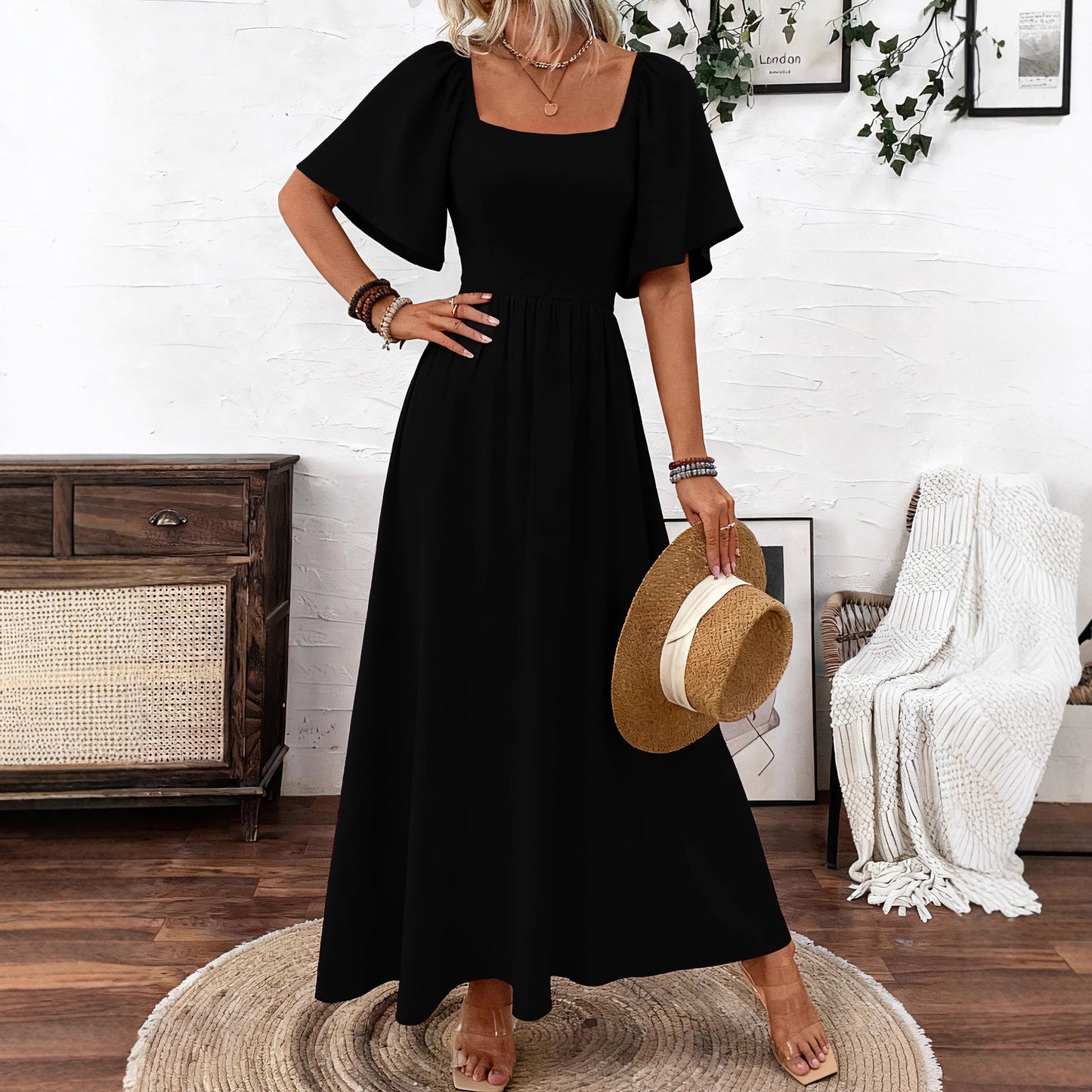 Bohemian Style Square Collar Elegant Generous Dress