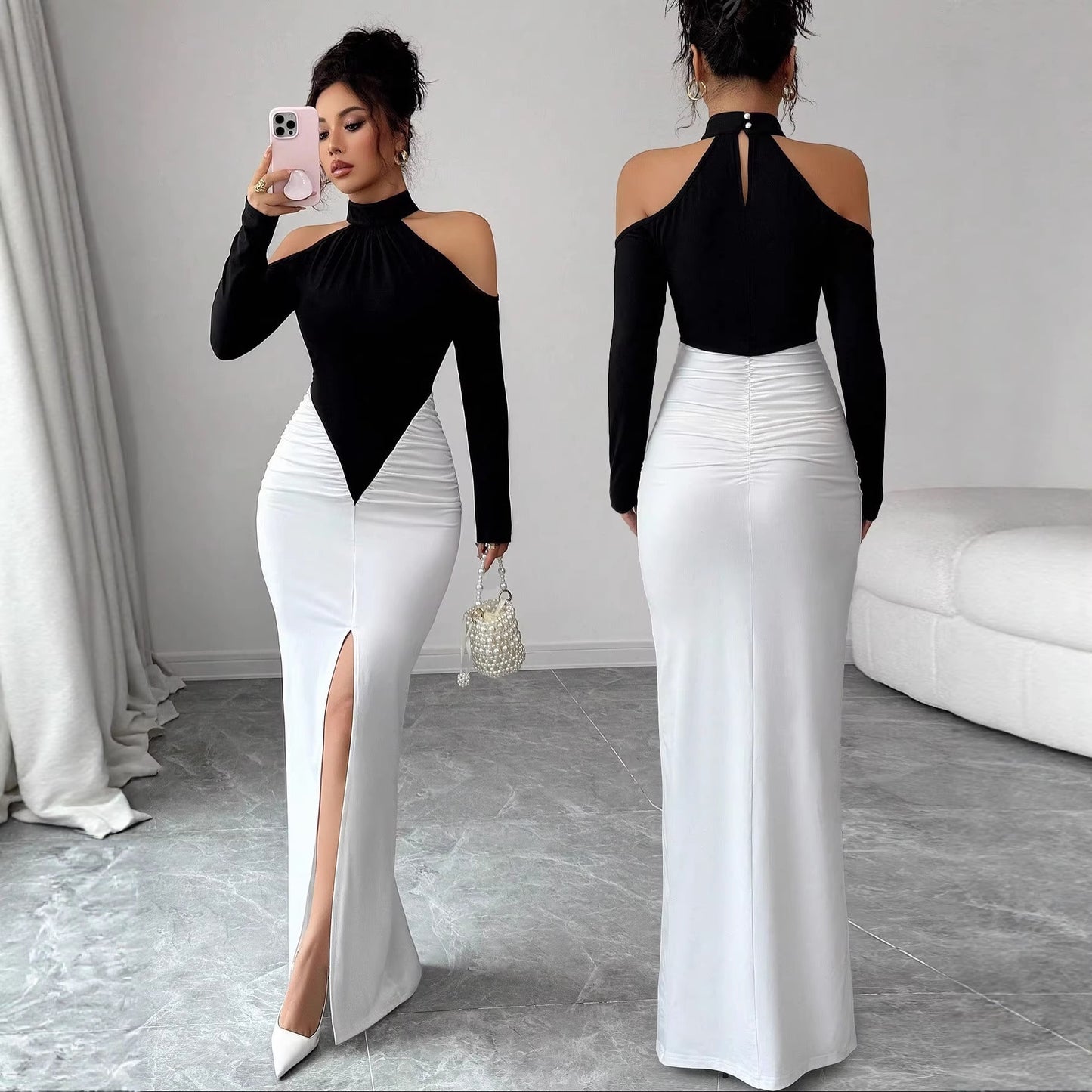 Women's Elegant Sexy Halter Pleated Contrast Color Slim Dress