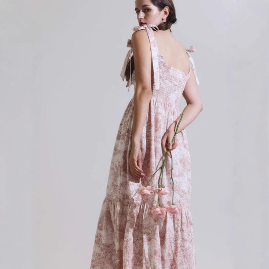 Women's Casual Sleeveless Smocking Floral Print Long Dresses