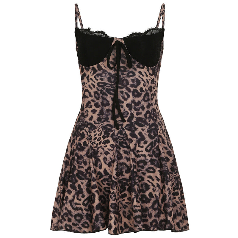 Women's Sexy Sling Leopard Lace Patchwork Slimming Dresses