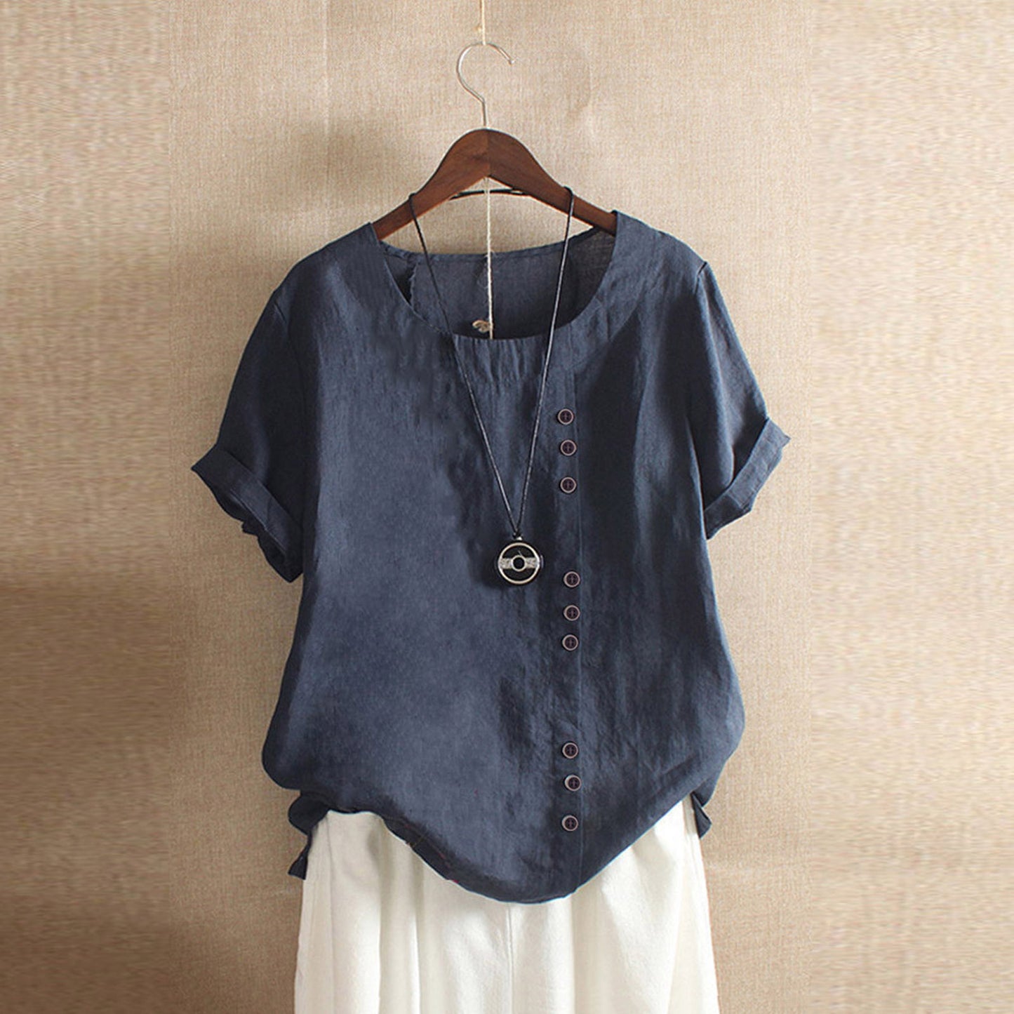 Women's Button Sleeve Casual Holiday Round Neck Regular Cotton Blouses