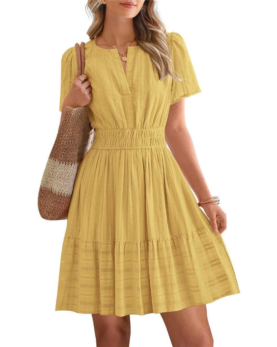 Women's Collar Pleating Puff Sleeve Large Swing Dress