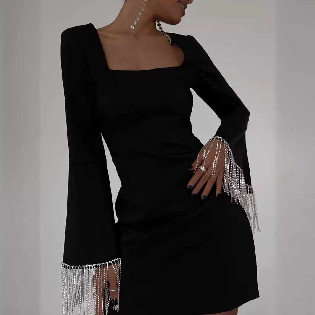 Fashion Back Hollow Bell Sleeve Black Dress