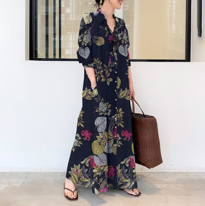 Style Cotton Linen Printing Lapel Long Sleeve Pocket Simple Dress