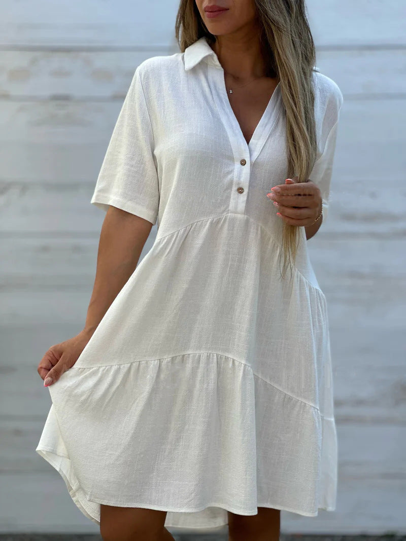 Women's Loose Solid Color Polo Collar Casual Sleeve Dress