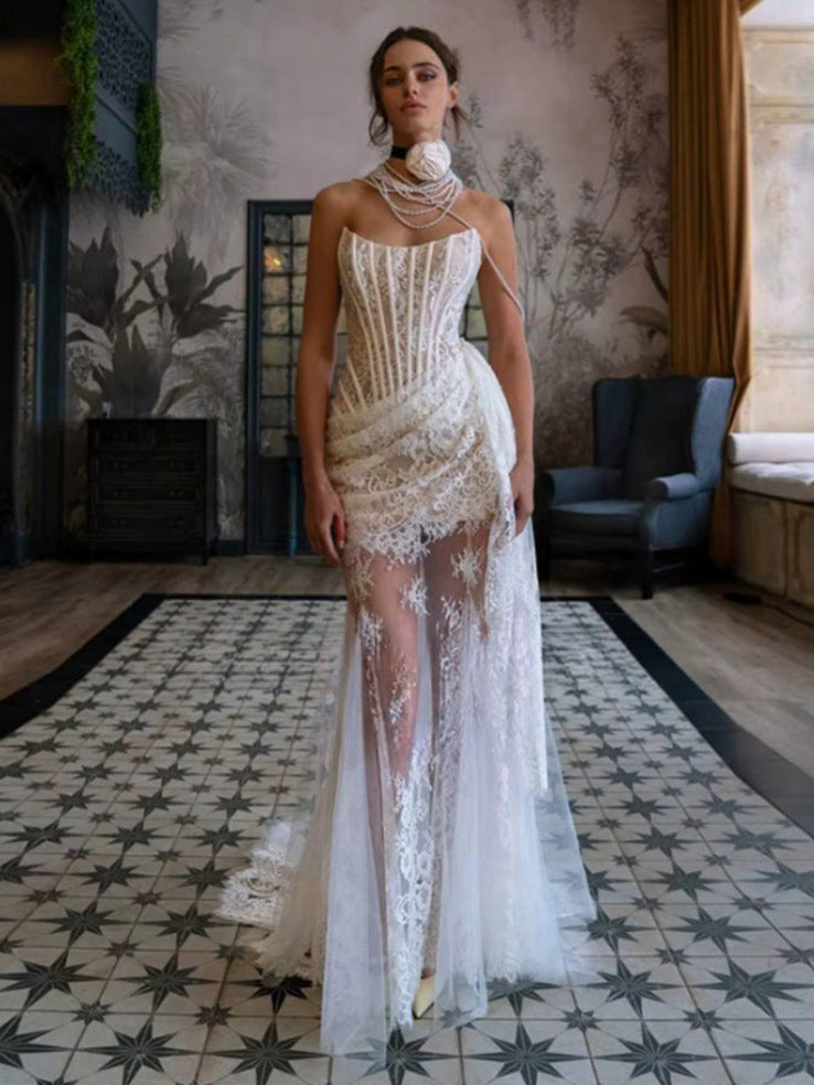 Women's Sexy Lace Stitching Waist Tube Dress Dresses