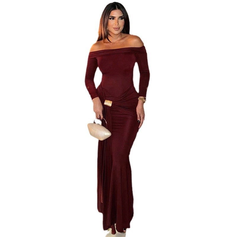 Women's Pure Color Sexy Long Sleeve Tied Dress