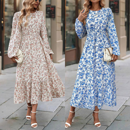 Women's Printed Round Neck Long Sleeve Ruffled Dress
