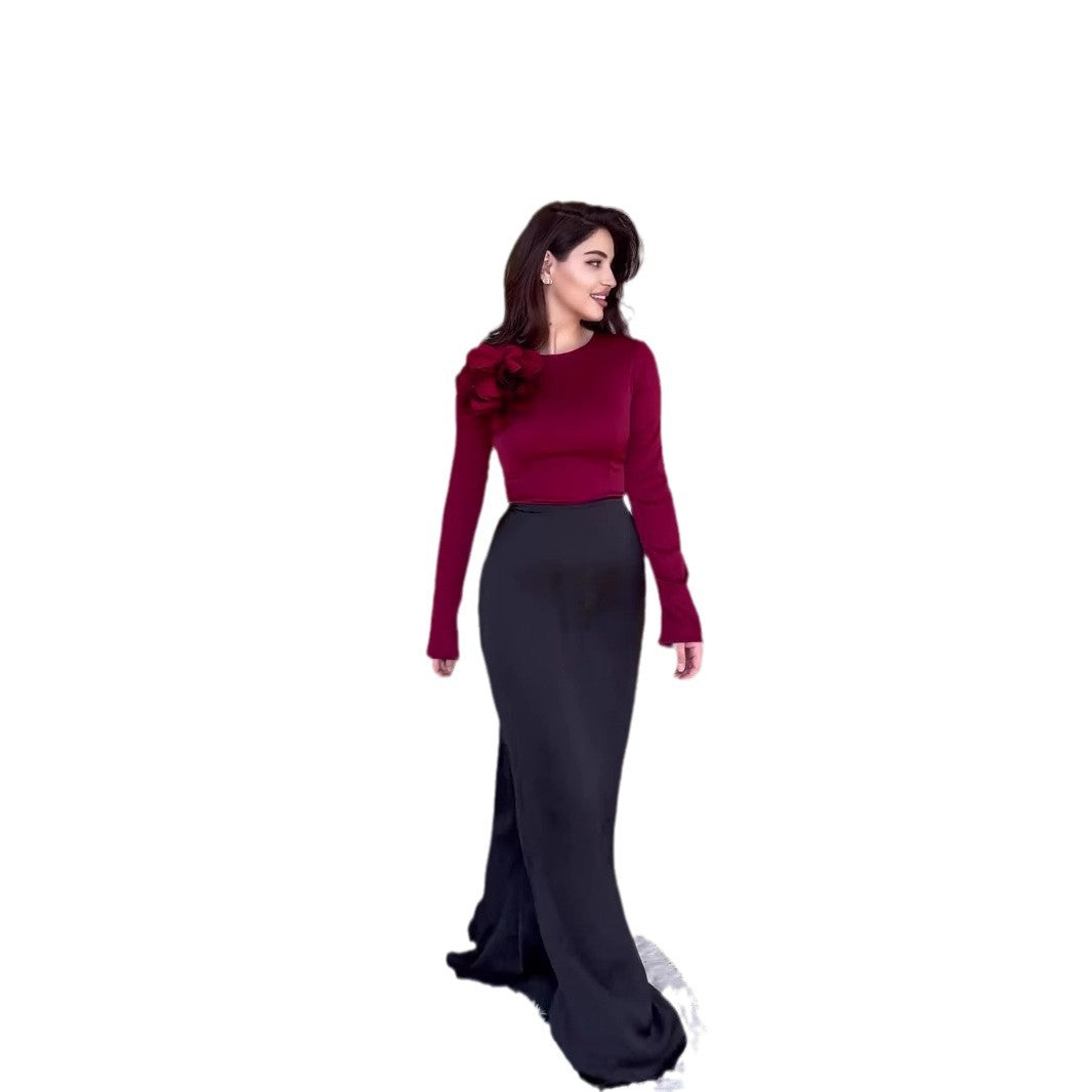 Autumn Satin Patchwork Contrast Color Flower Accessories Dresses