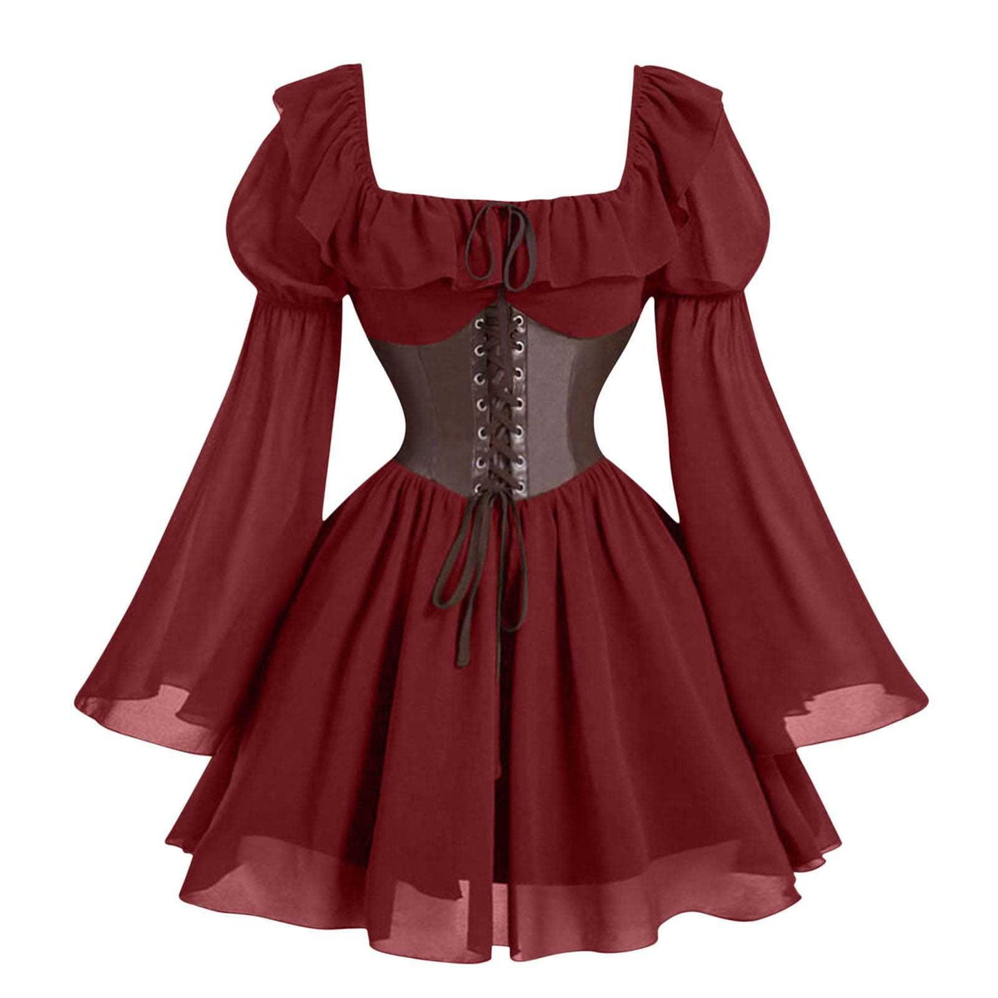 Medieval Puff Sleeve Dress Halloween Drawstring Skirts