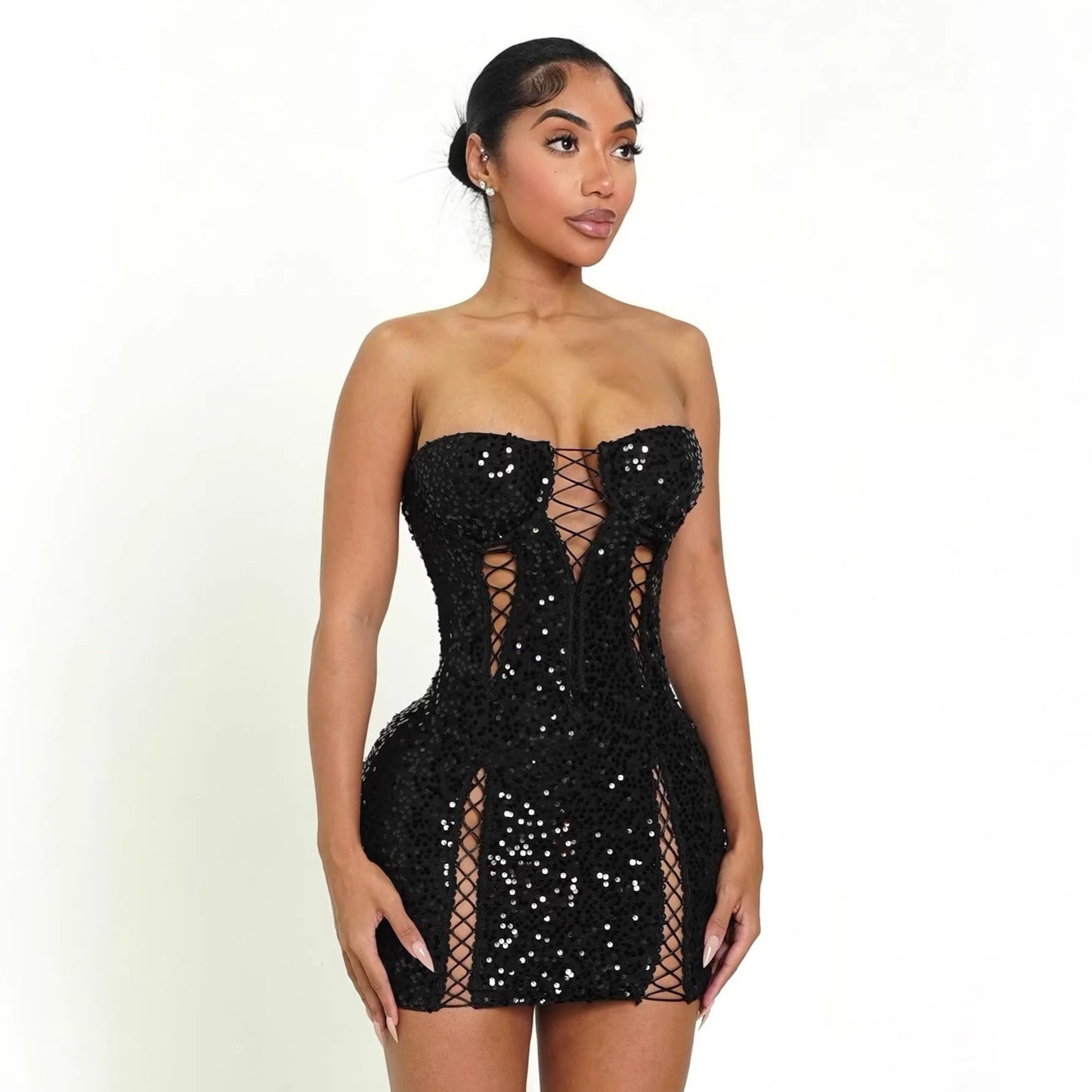 Stretch Hollow Out Strap Tube Package Hip Sequined Dress