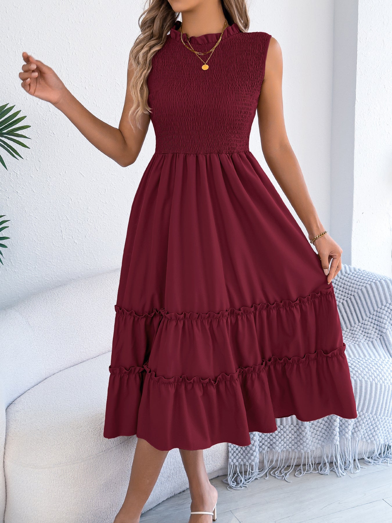 Women's Casual Sleeveless Smocking Wooden Ear Large Clothing