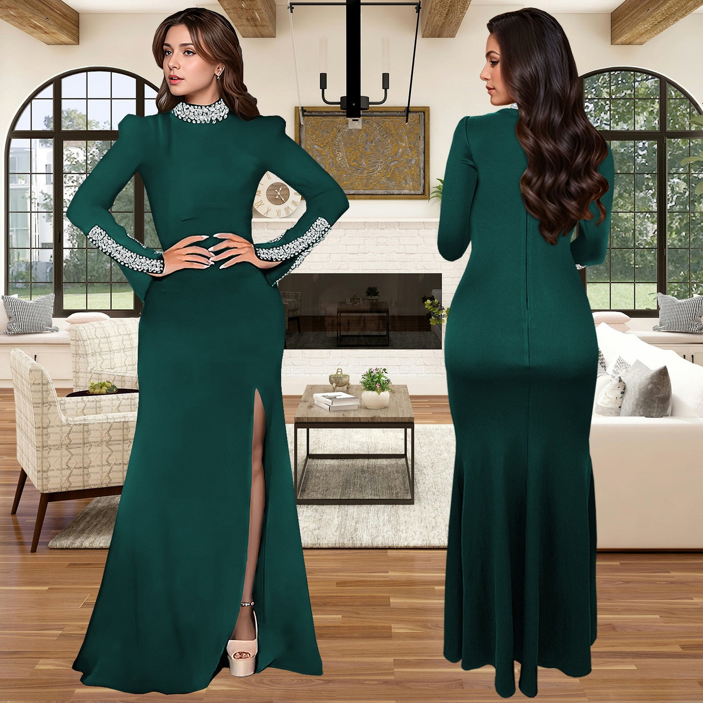 Women's Wear Solid Color Long Sleeve Rhinestone Dresses