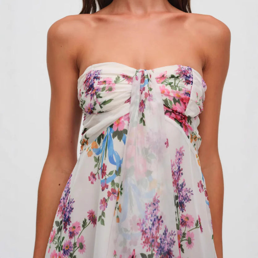 Sexy French Style Printed Translucent Floral Strapless A- Dress