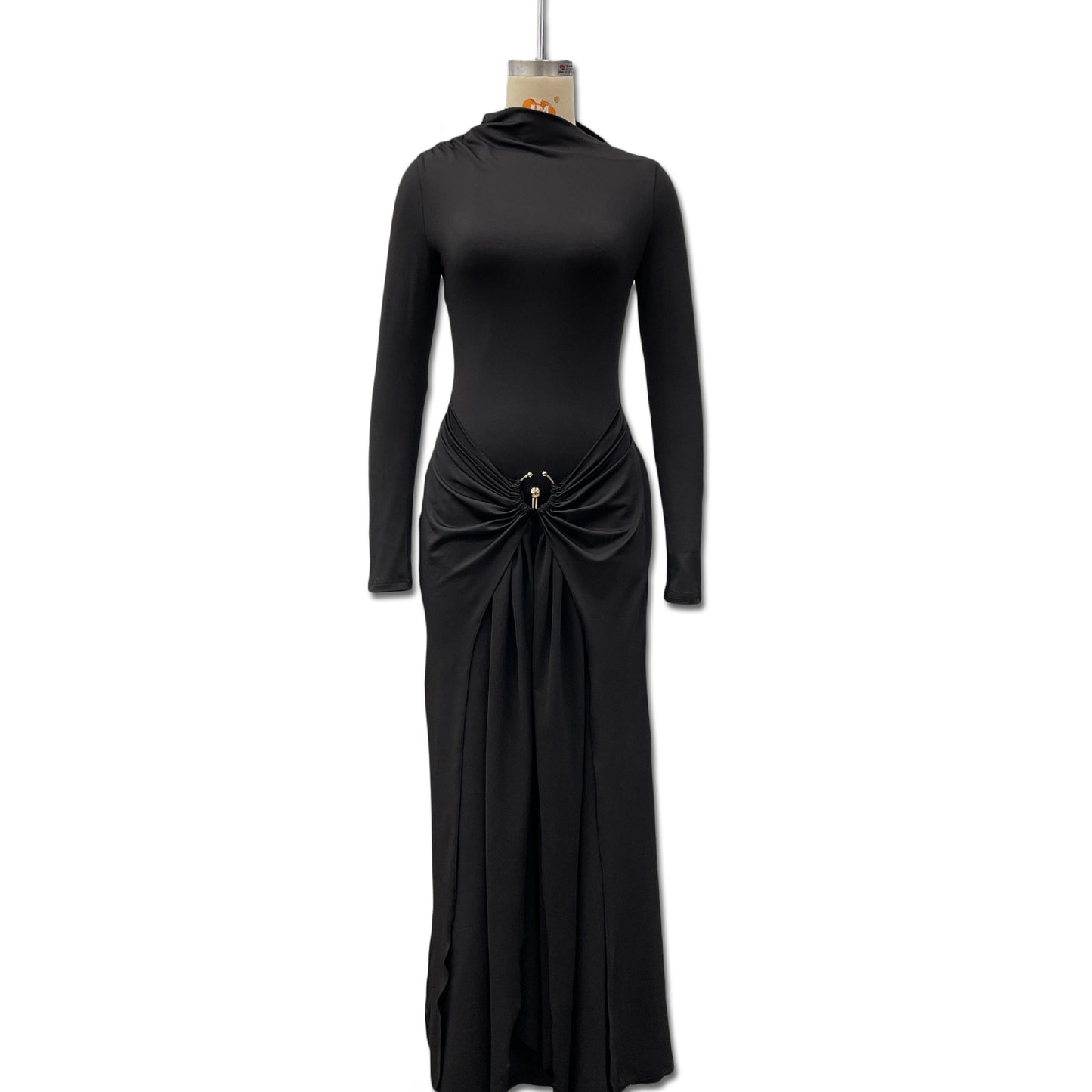 Women's Temperament Pure Color Elegant Long Sleeve Metal Ring Buckle Lace Dress